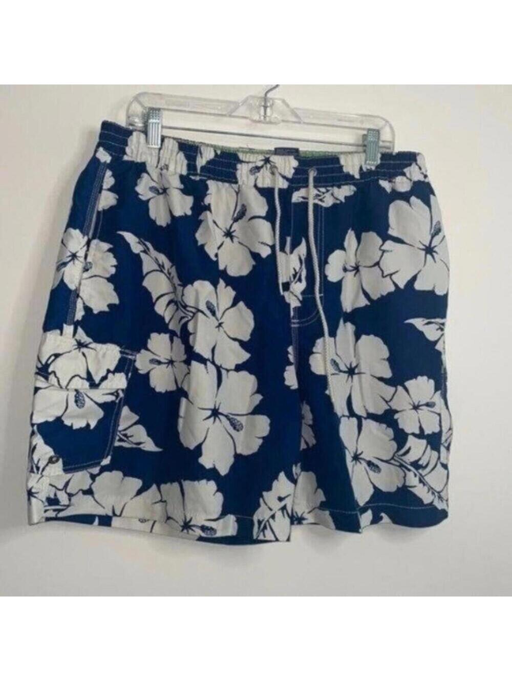 Caribbean Joe Blue and White Hawaiian Tropical Print Swim Beach Board Shorts